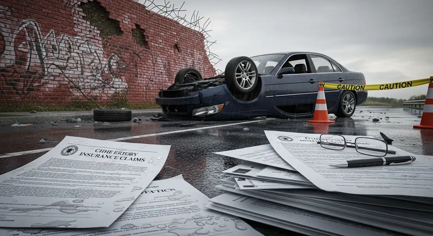 A blue car is overturned on a wet road near a broken brick wall with graffiti. In the foreground, scattered insurance claim documents and glasses lie on the pavement near caution tape.