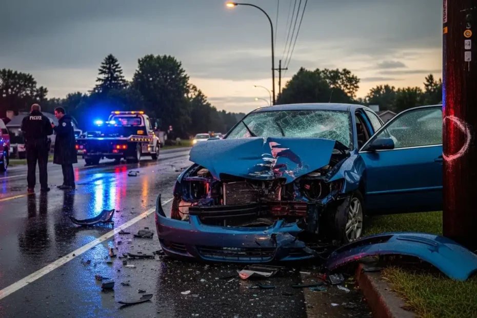 A blue sedan with severe front-end damage rests on the shoulder of a wet road next to a wooden utility pole after a car accident. Police cars with flashing lights are visible in the background.