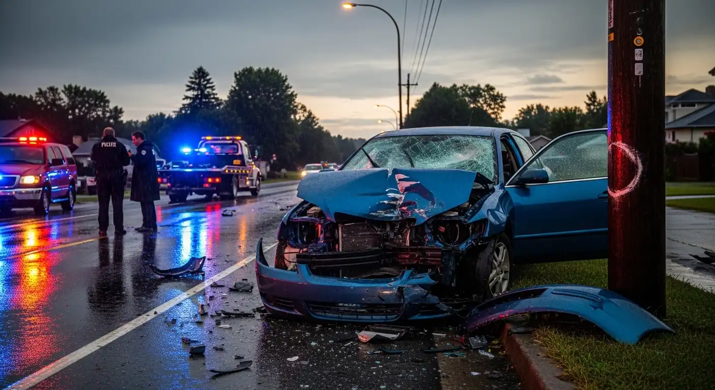 A blue sedan with severe front-end damage rests on the shoulder of a wet road next to a wooden utility pole after a car accident. Police cars with flashing lights are visible in the background.