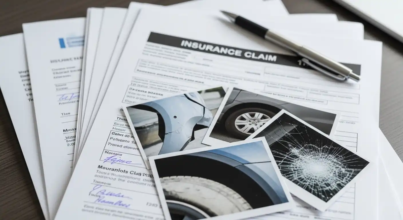 A close-up shot of insurance claim documents on a desk, with several small photos showing a car accident damage resting on top, near a silver pen.