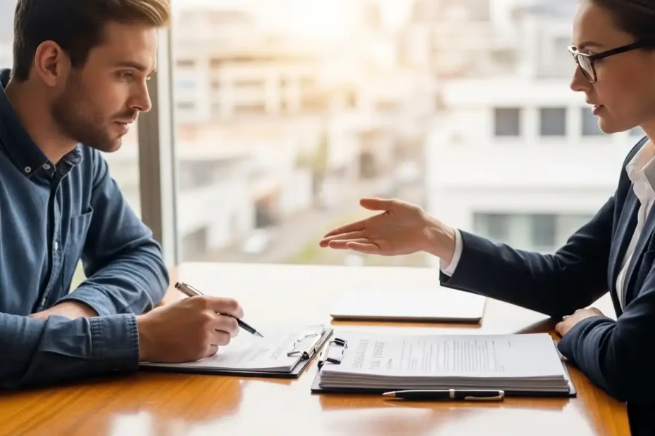 A male client in a blue shirt signs a contract on a wooden table while a female attorney in a dark blazer explains the document in a bright office.