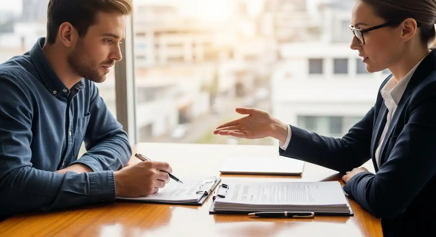 A male client in a blue shirt signs a contract on a wooden table while a female attorney in a dark blazer explains the document in a bright office.