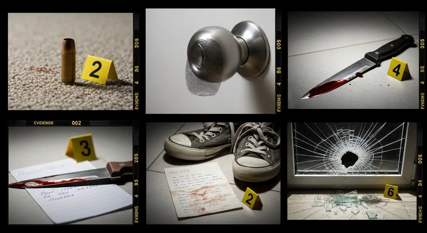 A montage of six photographs documenting crime scene evidence, including a bullet, a fingerprint on a doorknob, a bloody knife, a handwritten note, shoes, and broken glass, all marked with yellow evidence tags.