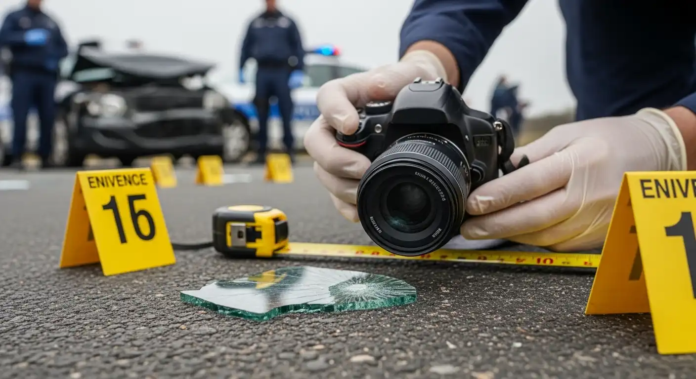 A forensic investigator wearing white gloves takes a close-up photograph of a piece of broken glass on the asphalt at a car accident scene, with yellow evidence markers and a tape measure nearby.
