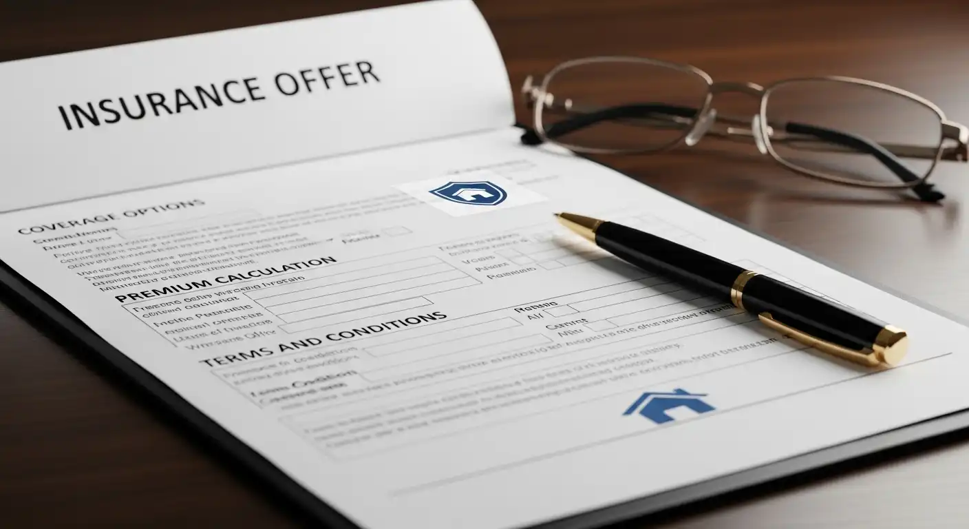 A close-up shot of an insurance offer document titled "INSURANCE OFFER" on a wooden table, with reading glasses and a luxury pen placed on top of the paperwork.