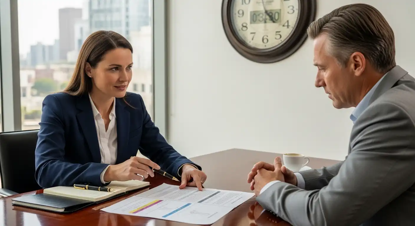 A female client in a blue blazer points at financial charts on a document while talking to a male lawyer in a grey suit across a polished wooden desk in a bright office.