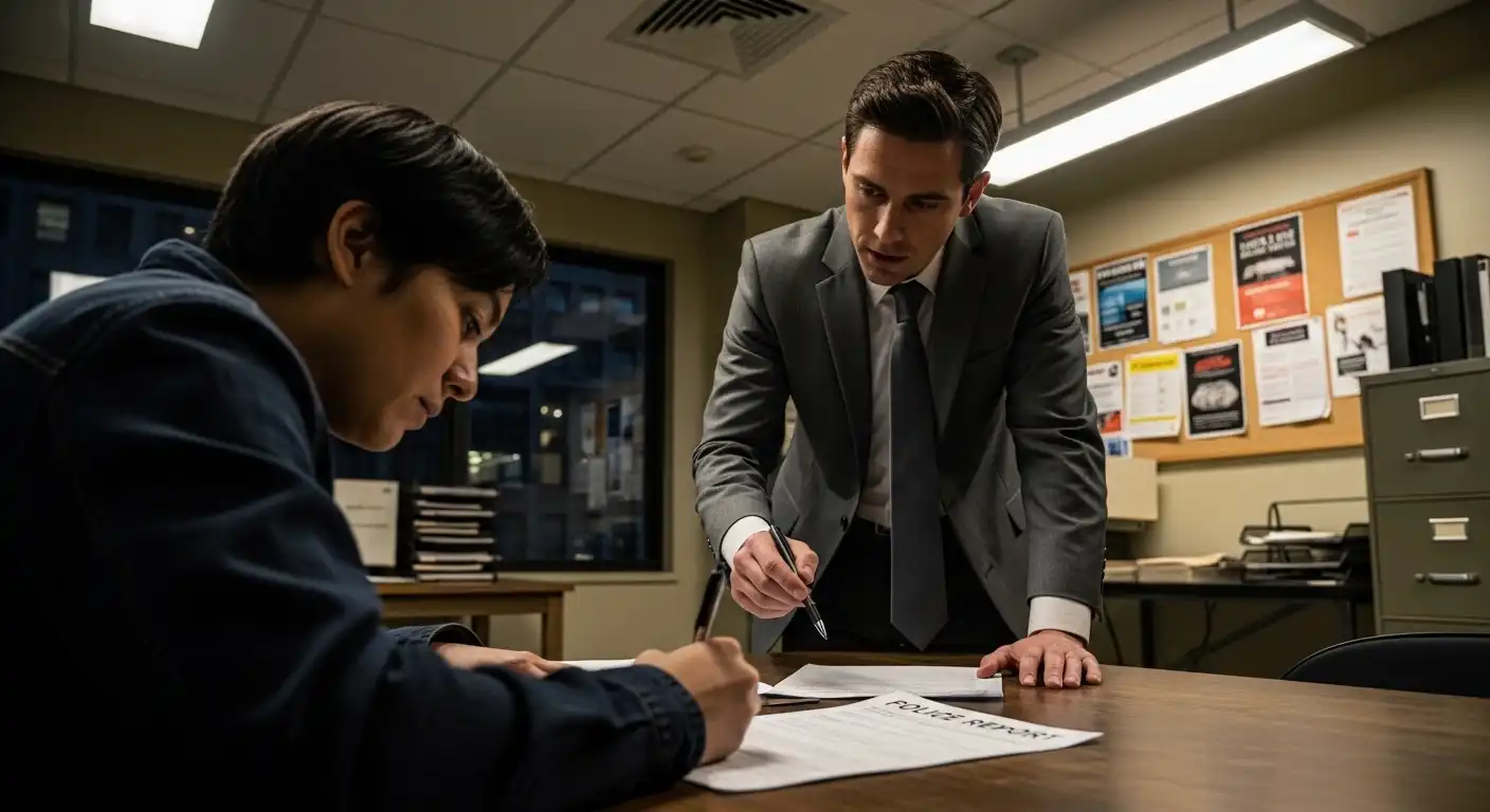 A male lawyer in a grey suit and tie stands over a table, pointing at a police report document for a person to sign in an office setting.