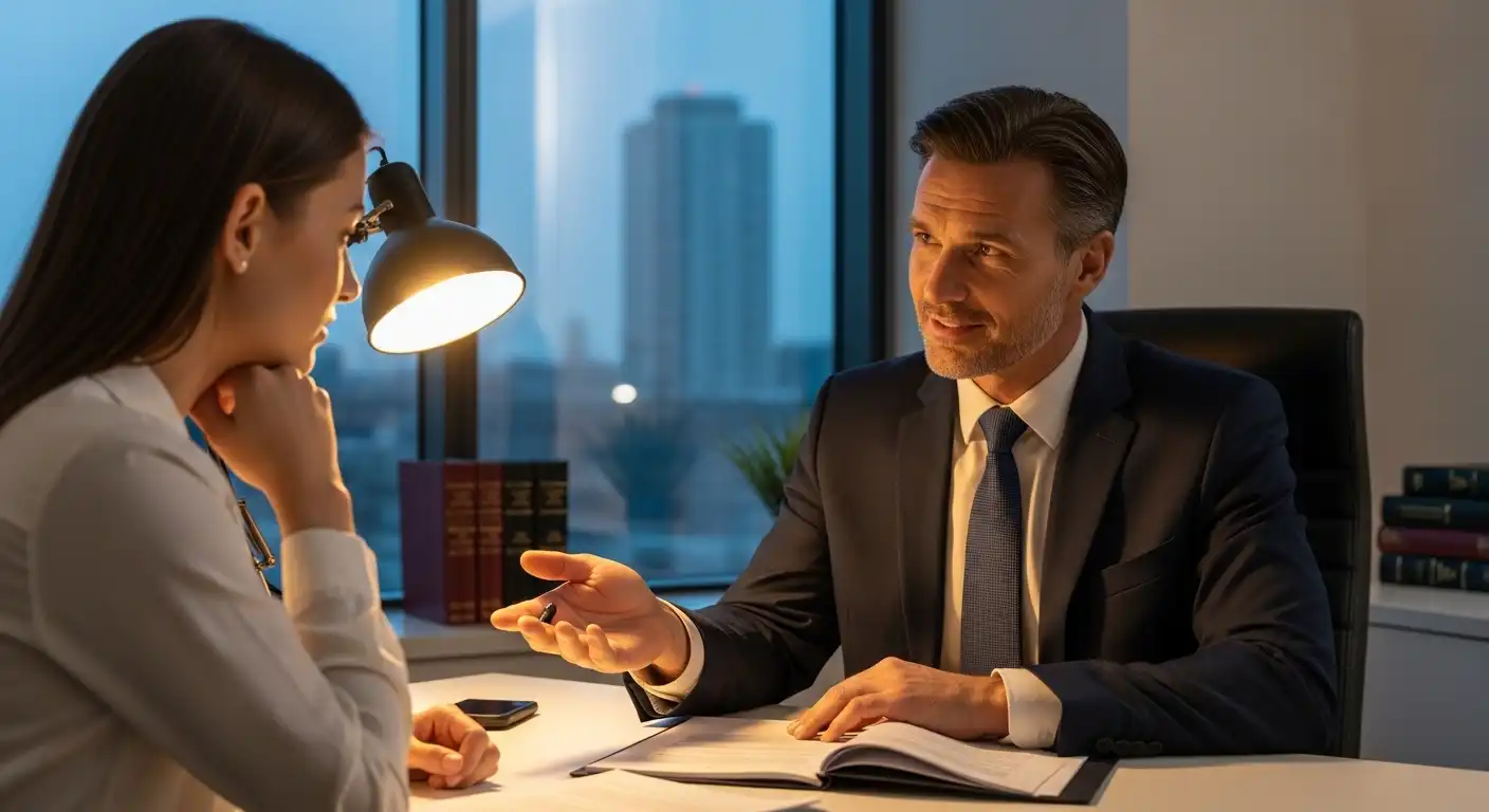 A male attorney in a suit sitting at a white desk talks and gestures towards a document for his female client during a consultation in a modern law office.