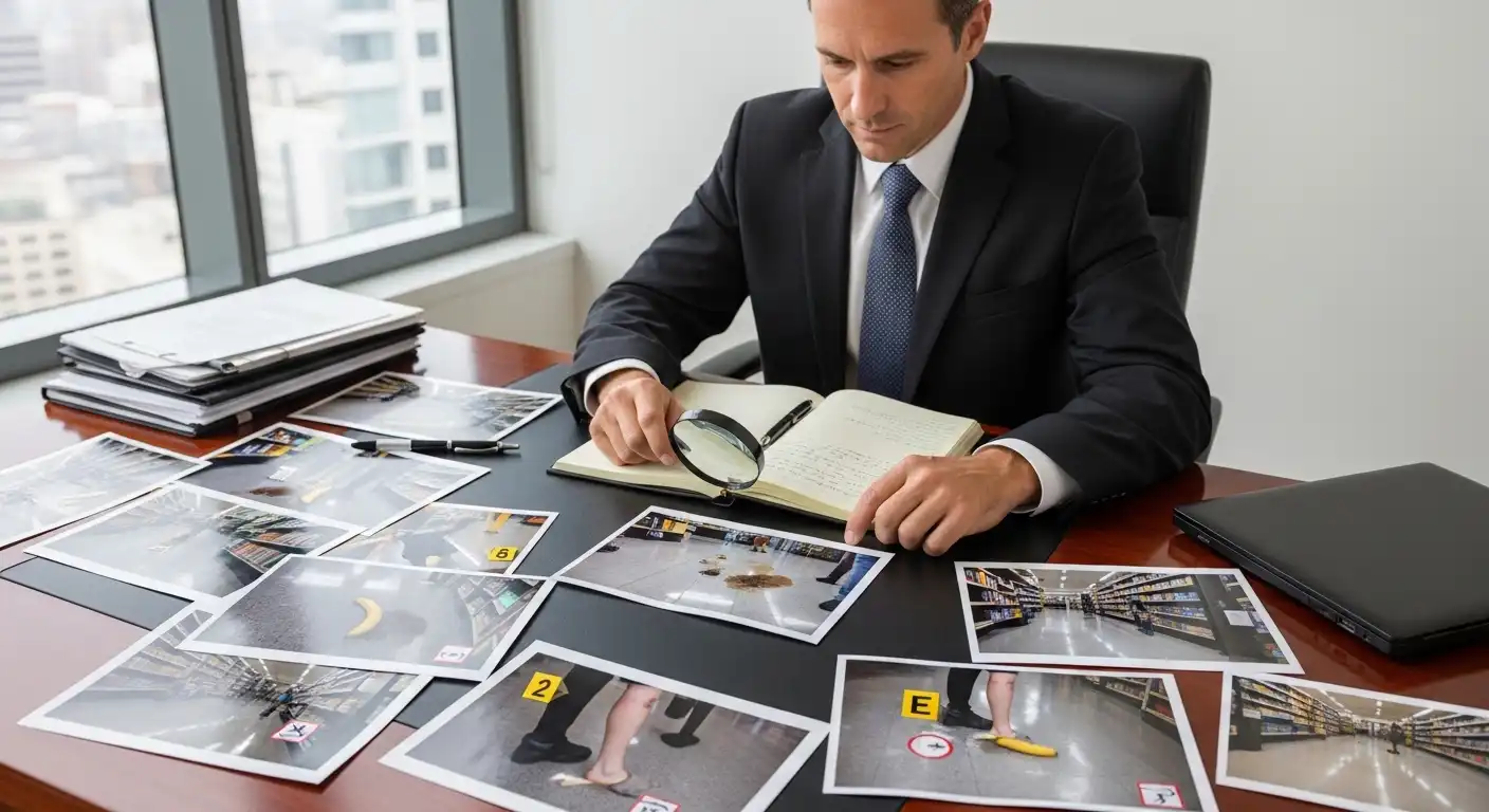 A male attorney in a suit sits at his desk using a magnifying glass to study a photograph of a spill in a grocery store, with other evidence photos of the accident spread across the desk.