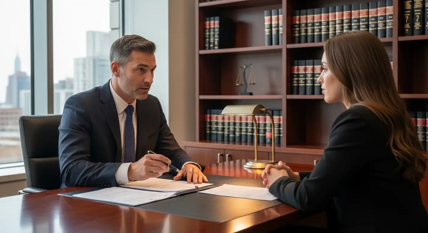 A male lawyer in a suit and tie sits at a desk with papers, speaking with a female client in a law office with bookshelves filled with books in the background.