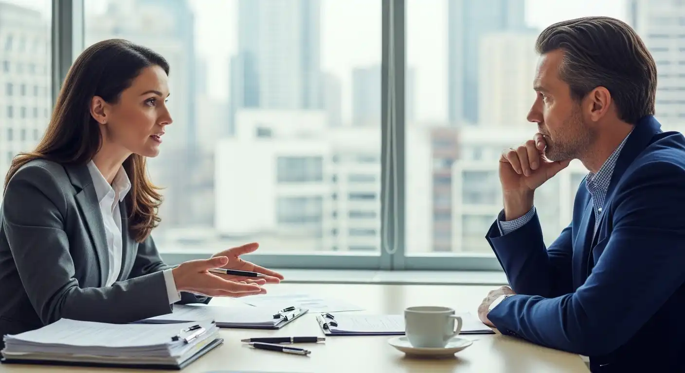 A female professional in a grey blazer gestures while speaking to a male colleague in a blue suit across a desk in a bright office with city views.