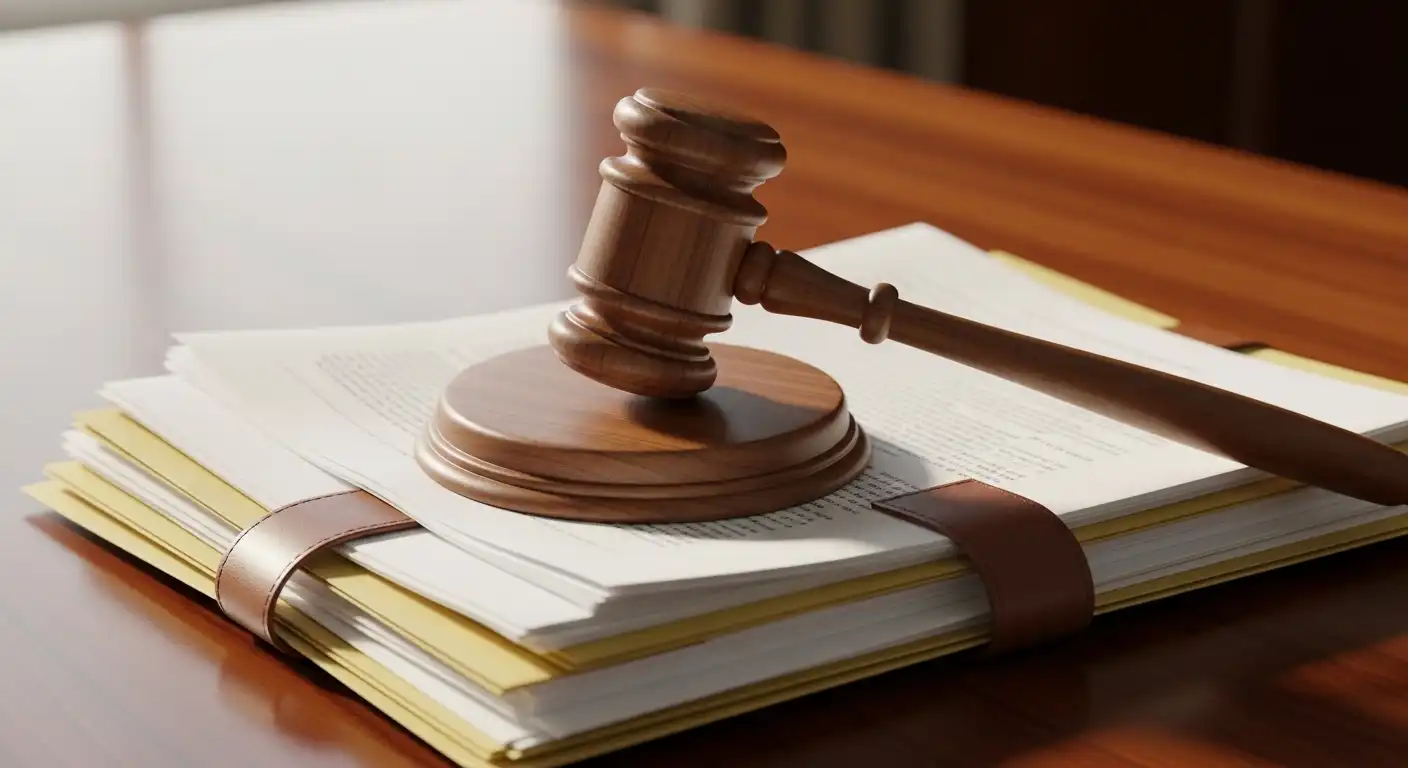 A wooden judge's gavel and sounding block resting on top of a stack of legal papers and folders on a wooden desk.