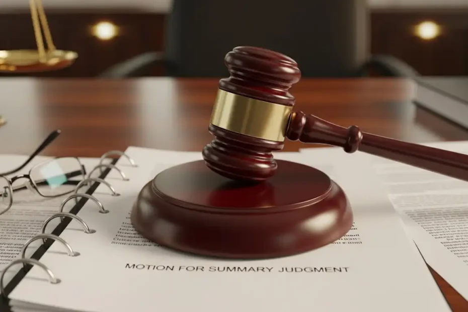 A wooden judge's gavel rests on a stack of legal documents titled "MOTION FOR SUMMARY JUDGMENT" on a wooden table, with reading glasses nearby.