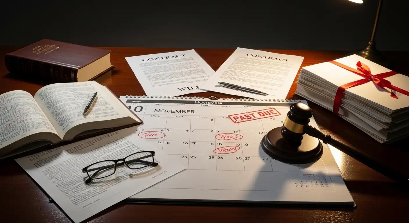 A wooden gavel rests on a November calendar with "PAST DUE" stamped on it, surrounded by contracts, a pen, and reading glasses on a desk.