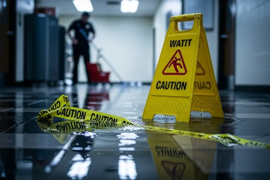 A yellow "CAUTION" sign stands in a pool of water in a hallway, with yellow caution tape on the wet floor and a janitor cleaning in the blurred background.