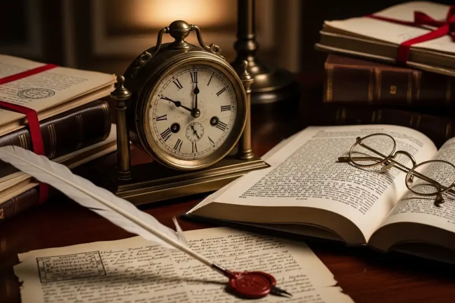 A scene on a wooden desk featuring a vintage table clock, open law books, and a quill pen with a wax seal on a document.
