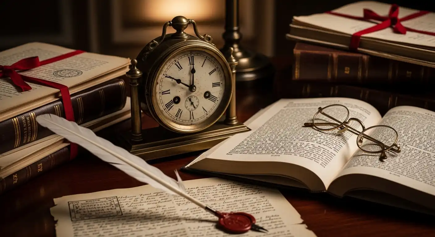 A scene on a wooden desk featuring a vintage table clock, open law books, and a quill pen with a wax seal on a document.