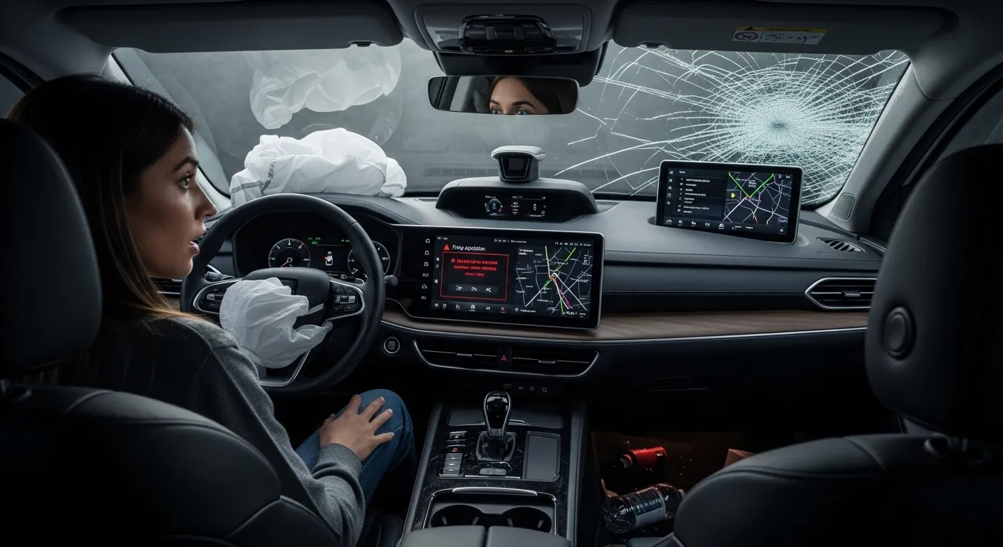 Interior of a self-driving rideshare vehicle after a crash