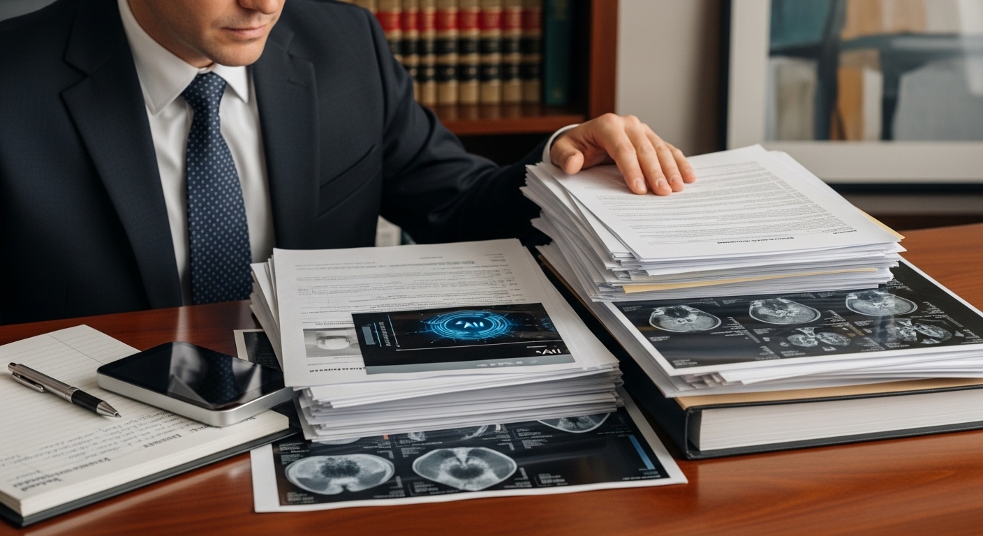 Lawyer reviewing AI medical malpractice evidence and patient records