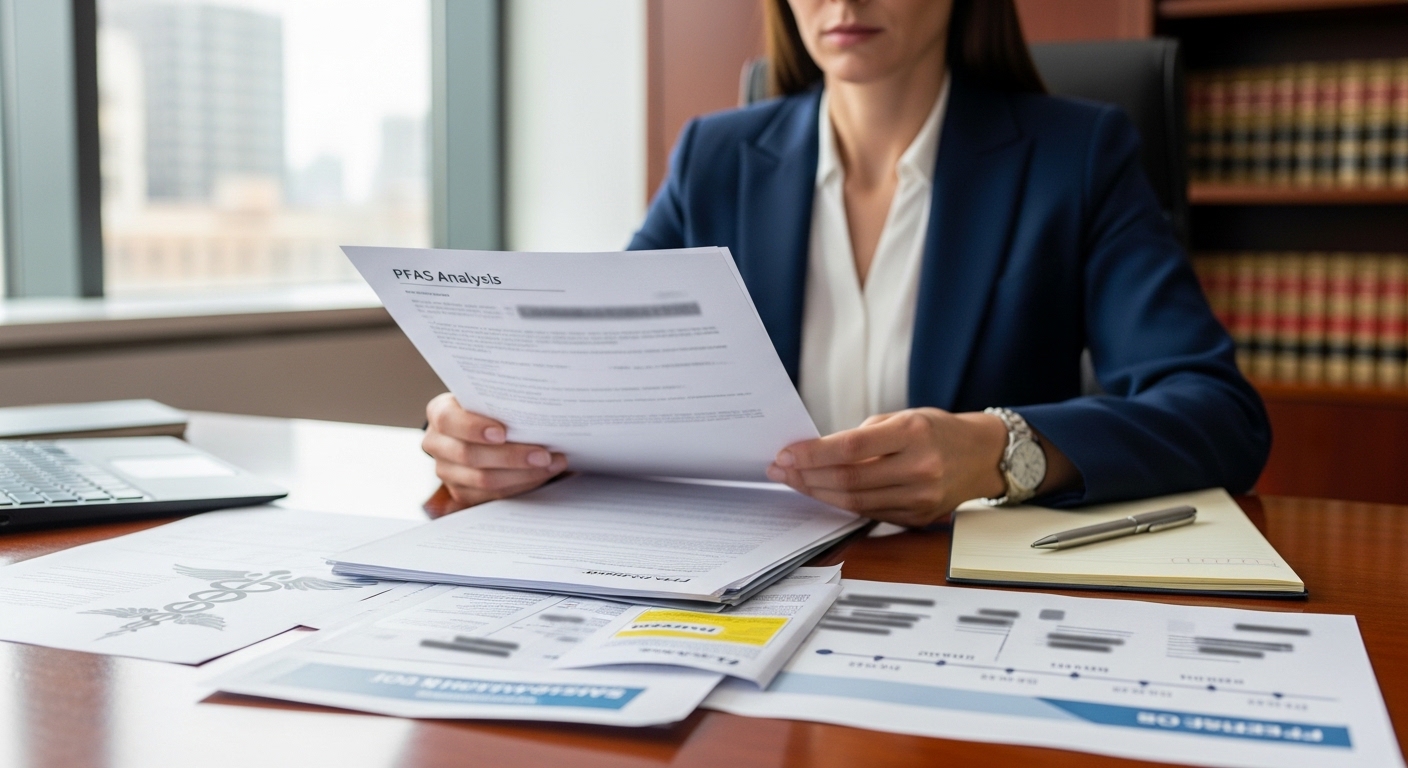 Lawyer reviewing PFAS injury claim evidence and medical records