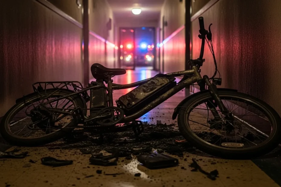 burned e-bike after lithium-ion battery fire in apartment building
