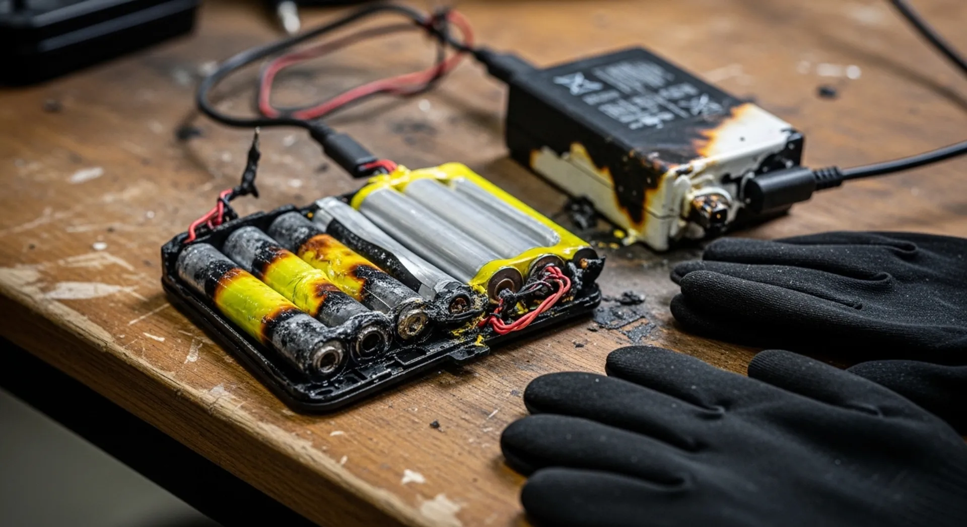 damaged lithium-ion battery and charger after fire investigation
