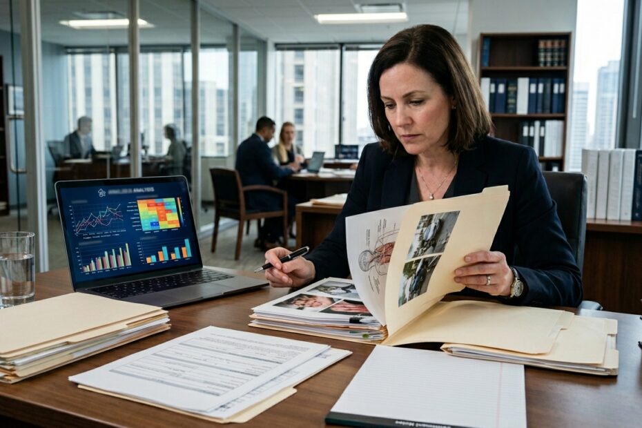 Attorney reviewing AI insurance claim analysis and injury settlement records