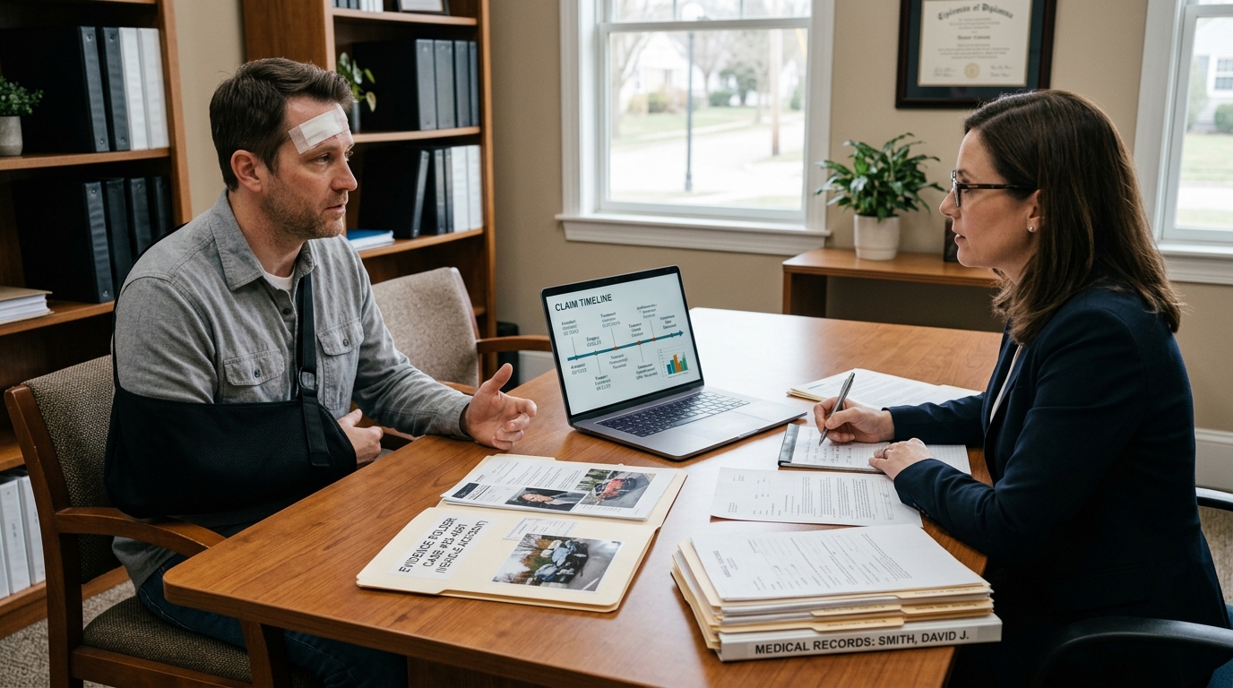 Injured person discussing an AI-reviewed insurance settlement with a lawyer