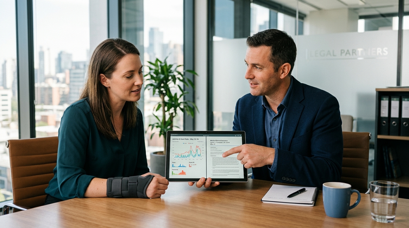 Lawyer explaining fitness tracker evidence to an injured client