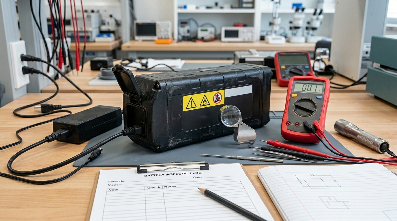 Lithium-ion e-bike battery and charger inspected after a fire