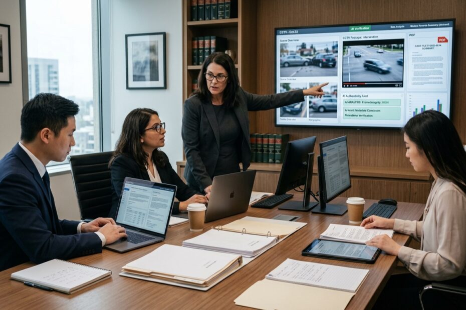 AI-generated evidence in injury claims showing lawyers reviewing photos, videos, metadata, and accident records (2)