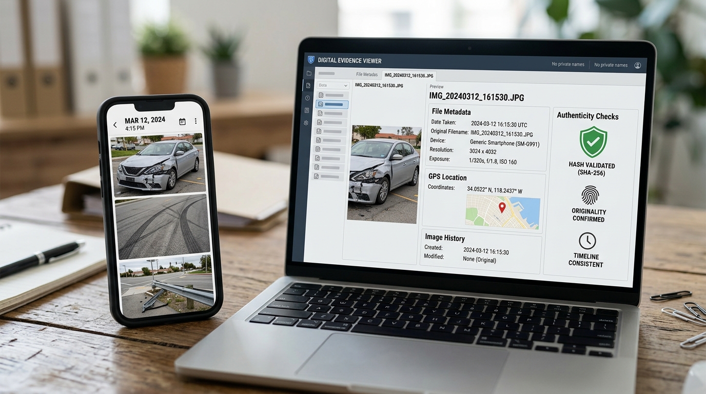 Accident photos, file metadata, timestamps, and GPS details reviewed for authenticity in an injury claim (2)