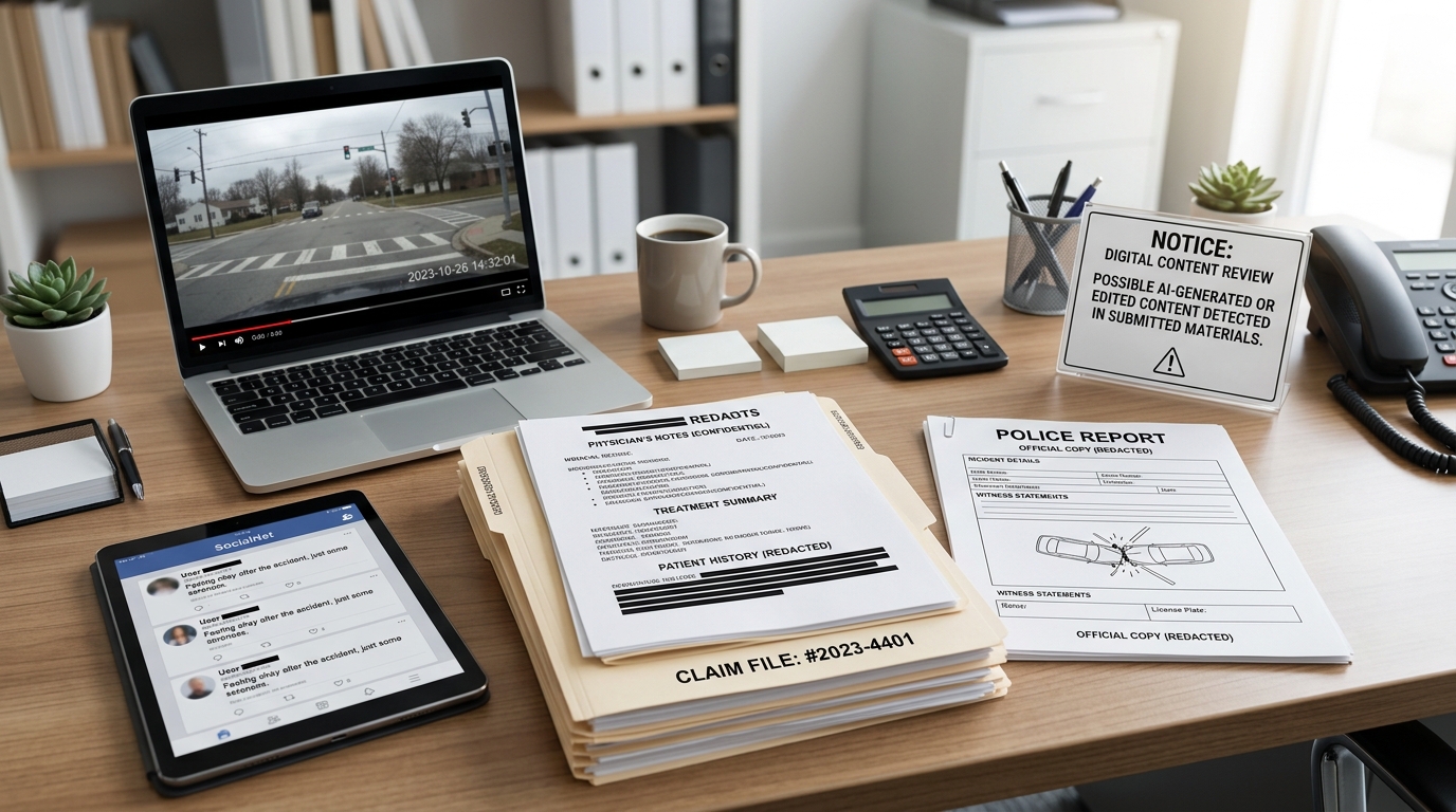 Insurance claim evidence review showing medical records, dashcam footage, social media posts, and AI-edited content warning (2)