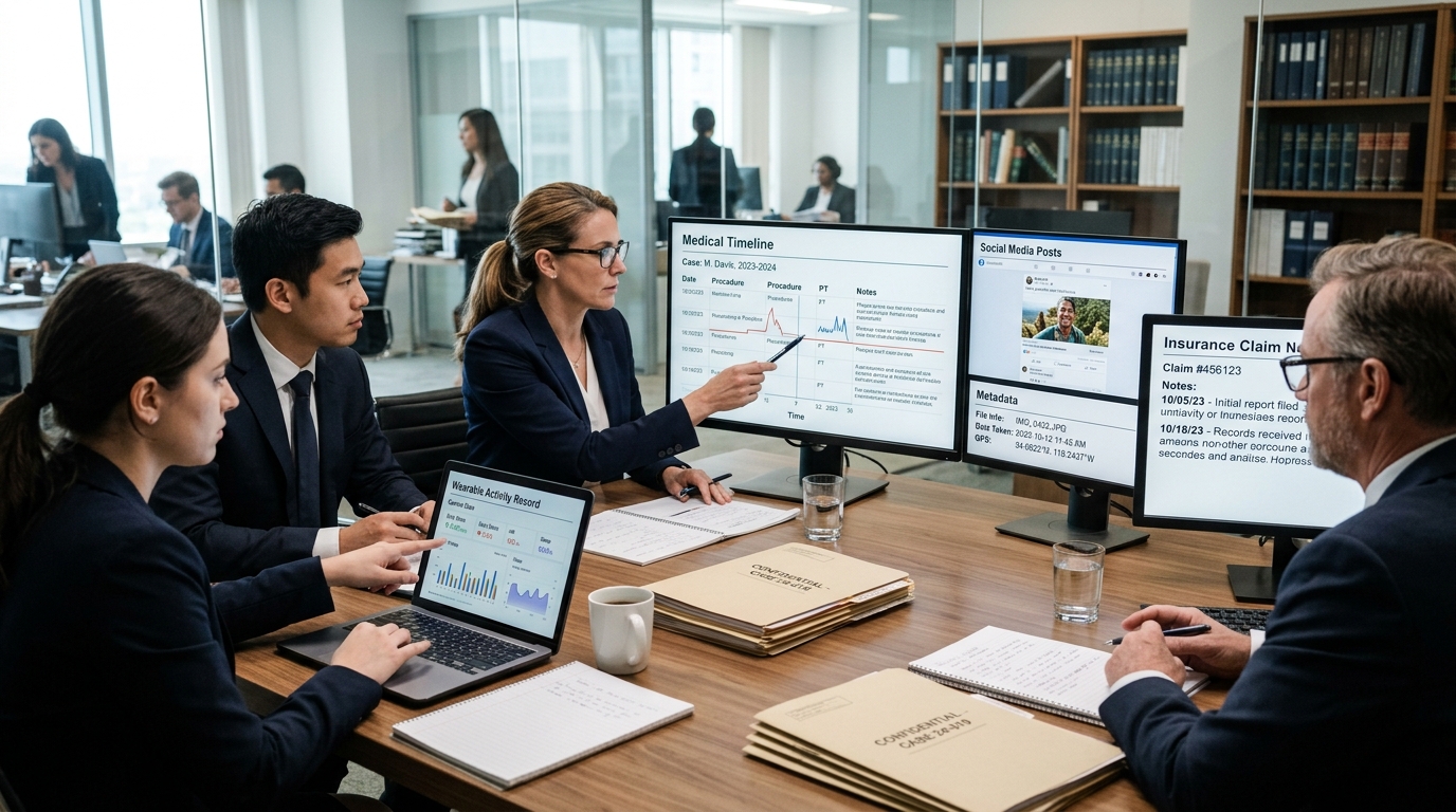 Legal team reviewing social media evidence, metadata, medical timelines, and insurance claim records
