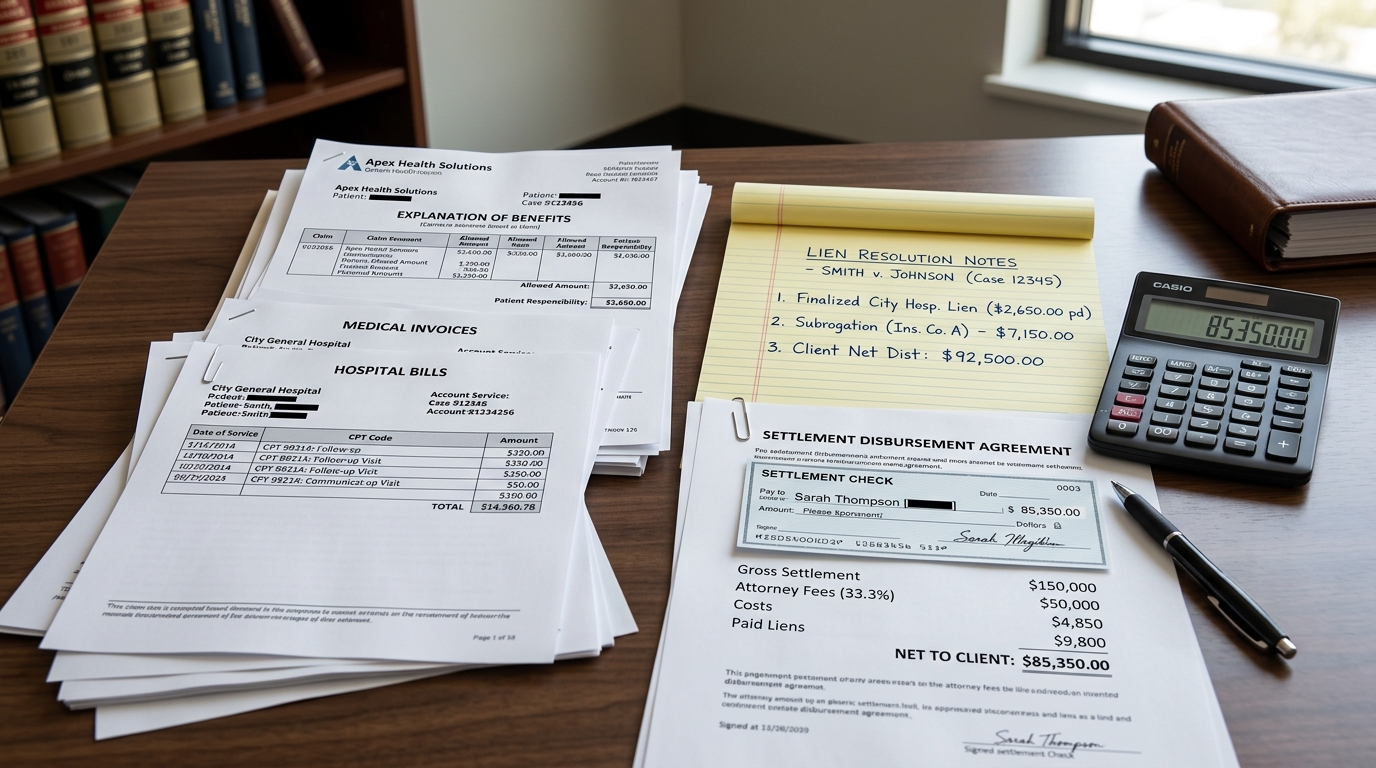 Medical bills, insurance forms, and lien resolution notes reviewed before a personal injury settlement payout