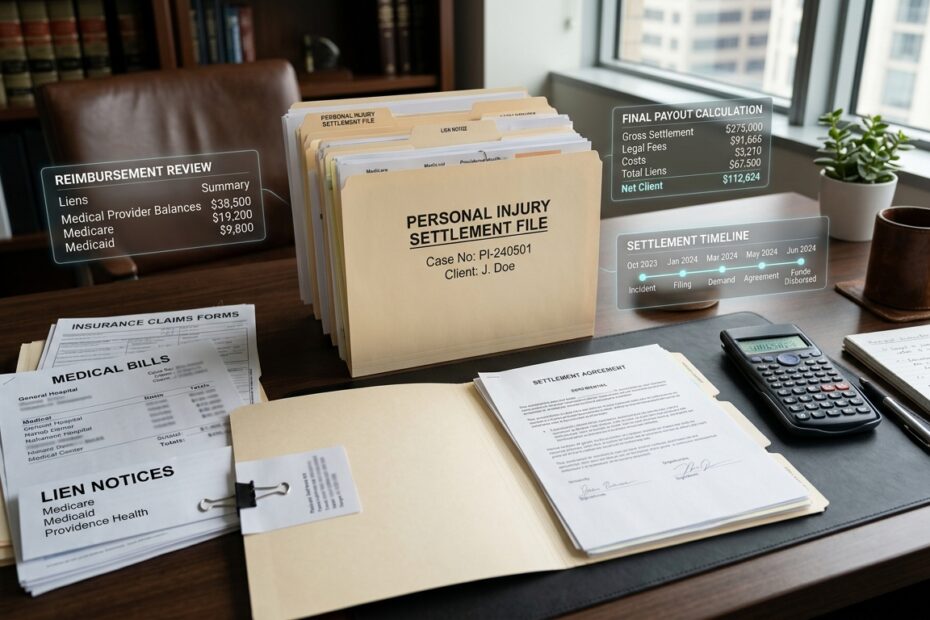 Medical lien delays in personal injury settlements shown with medical bills, reimbursement forms, lien notices, and settlement paperwork