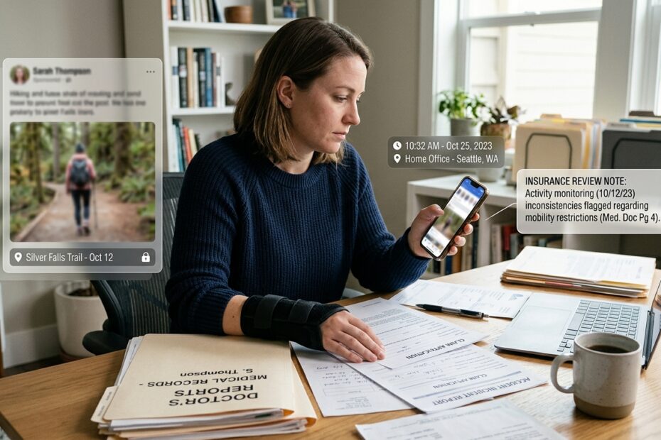 Social media surveillance in personal injury claims showing online posts, timestamps, privacy settings, and claim documents