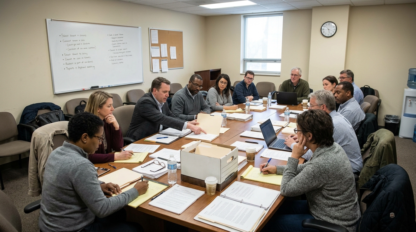 Illustration of civil jurors reviewing evidence during personal injury trial deliberations
